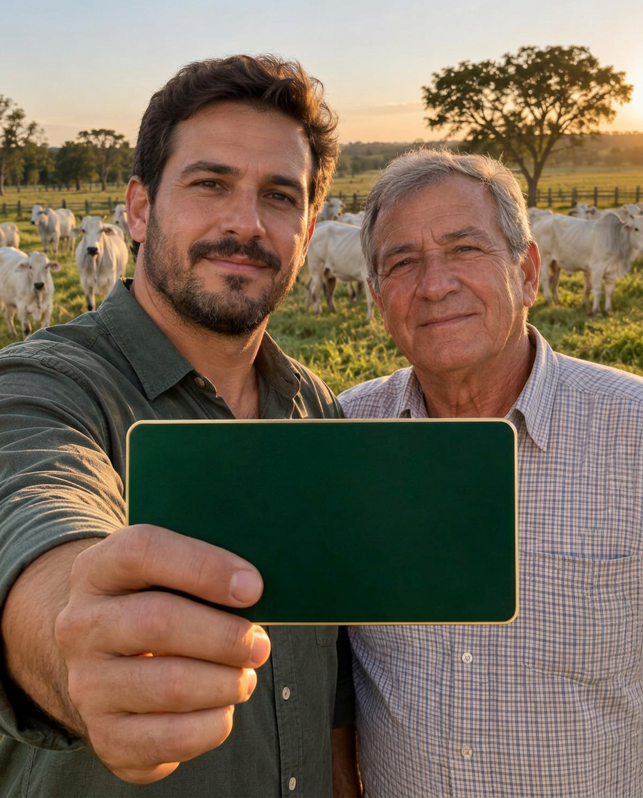 Duas gerações de pecuaristas no pasto, com gado Nelore ao fundo, segurando um cartão de membro Fundador