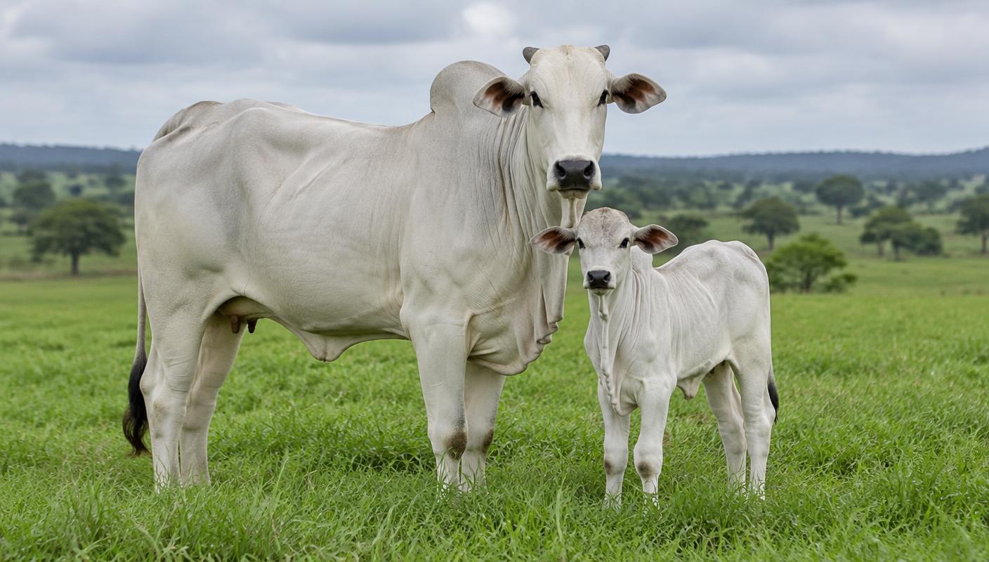 Vaca Nelore e bezerro em pastagem